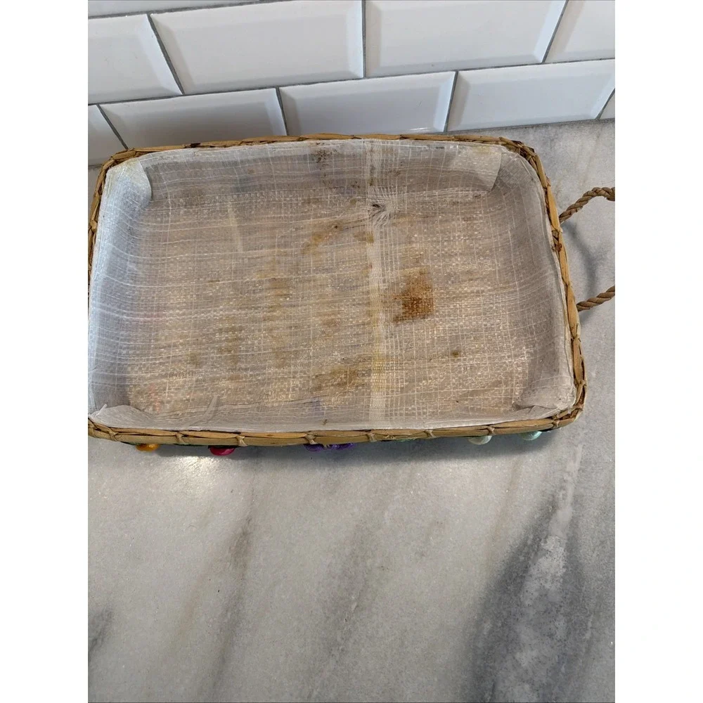 Vintage Fruit Wicker Basket Hand Woven Carrier Straw Raffia Lined Casserole 3-D